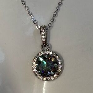 Mystic Blue Moissanite 2ct Sterling Silver Halo Pendant Necklace